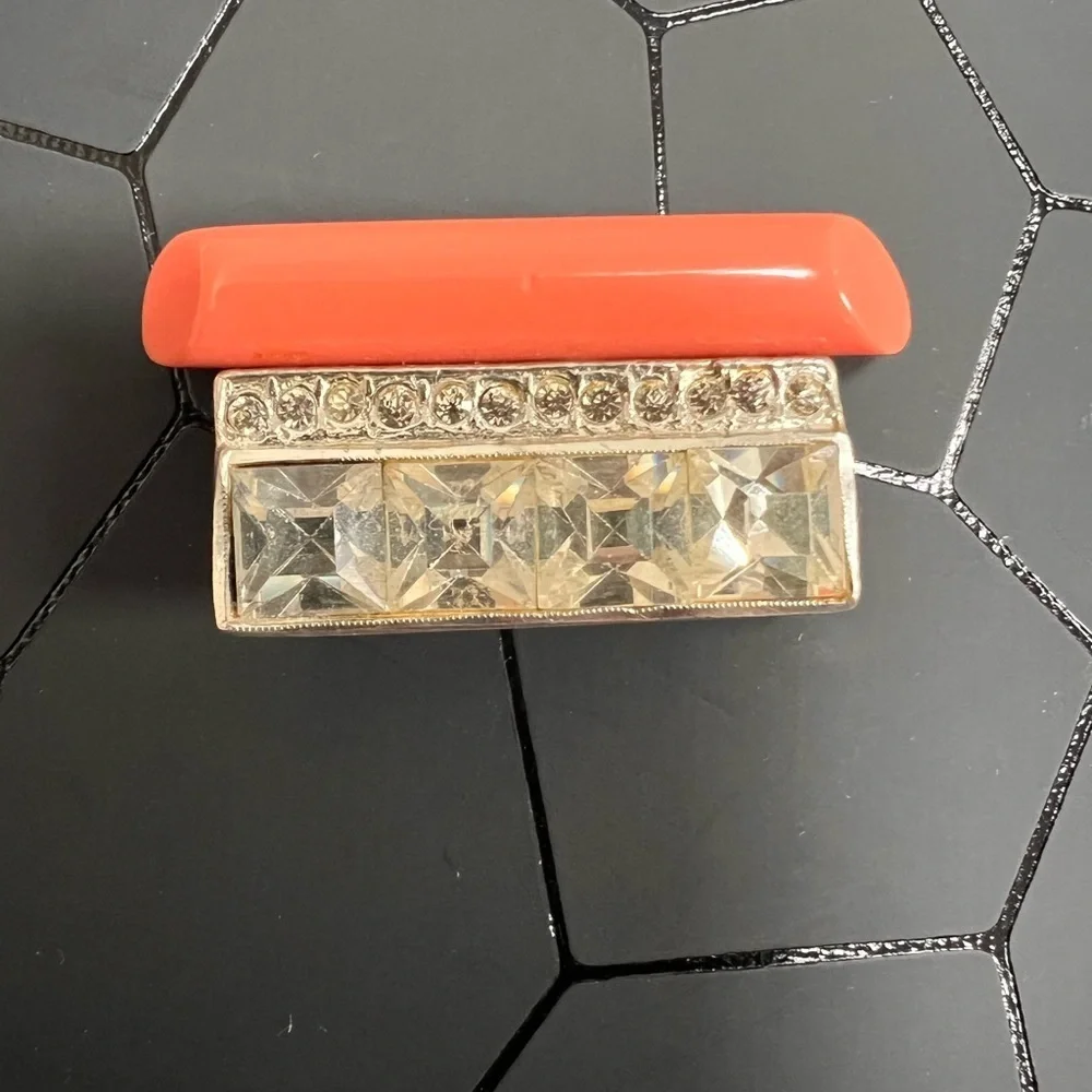 Art Deco Coral Colored Bar and Rhinestone Antique Brooch 1920’s